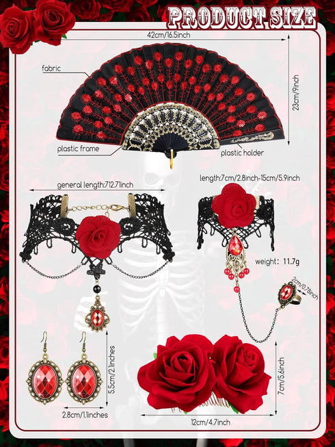 BBTO 5 Pcs Halloween Rose Flamenco Women Accessories Girl Rose Flower Hair Clip, Sequins Fabric Folding Fan, Lace Choker Necklace Bracelet Earring...