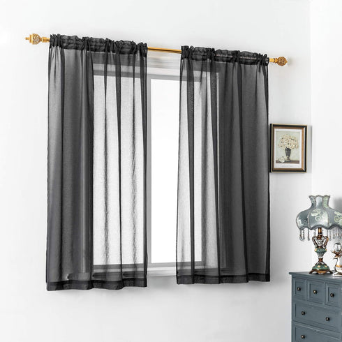 DUALIFE Black Sheer Curtains 72 Inch Length for Bed Room Set of 2 Panels Rod Pocket Faux Linen Semi Translucent Short Curtains for Office Kitchen ...