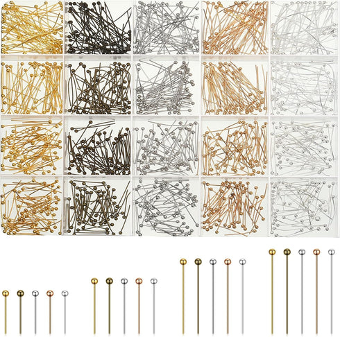 1000 Pieces Jewelry Making Silver Gold 16mm 20mm 25mm 30mm Ball Head Pins Needles Brass Long Craft Head Pins for Jewelry Making Bracelet Earring (...