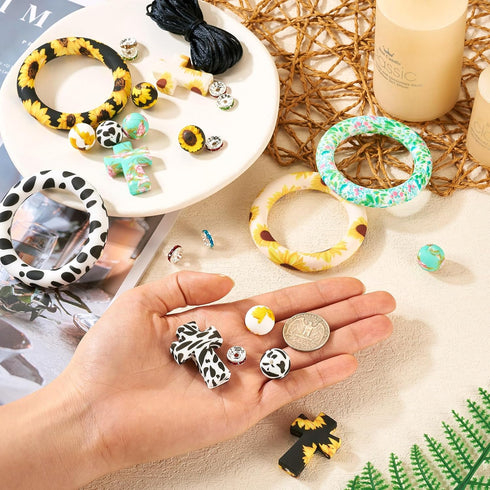 BB Beadthoven 28pcs Silicone Beadable O Ring Bead for Keychain 65mm Round Silicone Loop with 2 Hole Summer Sunflower Silicone Focal Frame Pendant ...