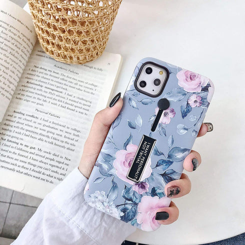 Compatible with iPhone 11 Pro Max Case Finger Grip,3D Embossed Pink Flowers Gray Shell Design,Rugged Shockproof Slim Fit Dual Layer Finger Ring Lo...