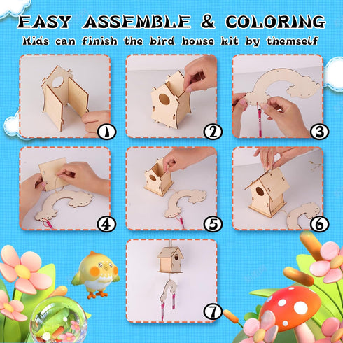 JAS WENAS DIY Birdhouse Craft Kit for Kids - 4 Pack DIY Bird House Kit Painting Puzzle DIY Wooden Assembly, Build and Paint Birdhouse, Wooden Arts...