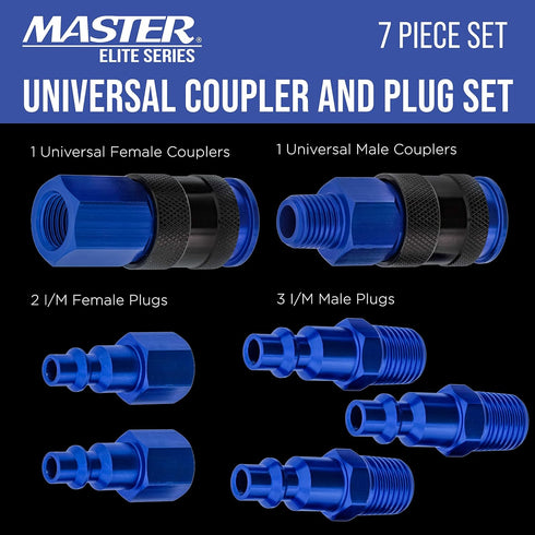 Master Elite Series 7 Piece Air Hose Fittings Set Kit - 2 Universal Air Couplers & 5 I/M Industrial Type Plugs, 1/4" NPT Male & Female Threads - A...