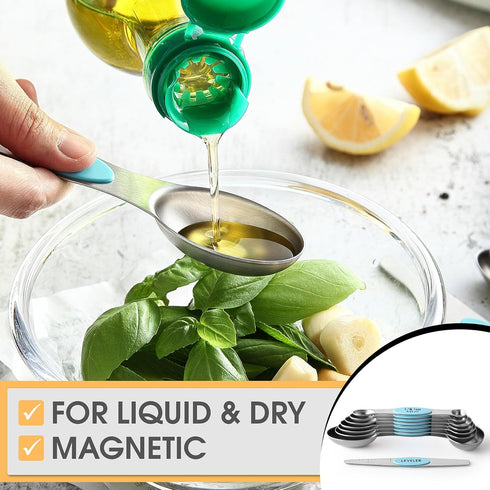 Spring Chef Stainless Steel Magnetic Measuring Spoons Set of 8 with Leveler, Nesting Metal Teaspoon & Tablespoon Measuring Spoons, Fits in Spice J...