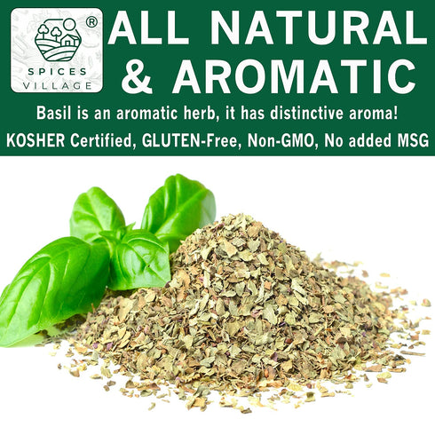 SPICES VILLAGE Dried Basil (2.3 oz), Basil Spice, All Natural Fresh Leaves, Pure Mediterranean Seasoning - Kosher Certified, Gluten Free, Non GMO,...