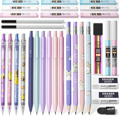 Nicpro 32PCS Cute Mechanical Pencil Set in Case, 14PCS Pastel Aesthetic Pencils 0.5 & 0.7 & 0.9 mm & 2mm Lead Holder, 12 Tubes Lead Refills(2B HB ...