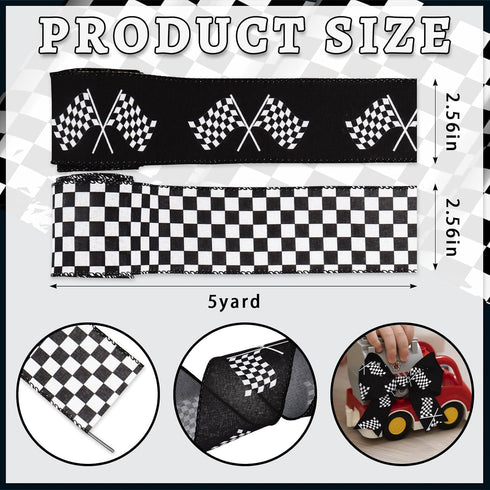 Racing Flag Black White Ribbon Wired Edge Ribbon, Plaid Check Burlap Ribbon, Blakc White Wired Ribbon for Gift Wrapping, Wreath Bows Making, Craft...