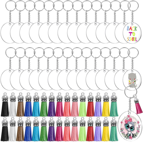 Audab 120pcs Acrylic Keychain Blanks for Vinyl Kit Including 30pcs Clear Acrylic Blanks, 30pcs Keychain Tassels, 30pcs Key Rings and 30pcs Jump Ri...