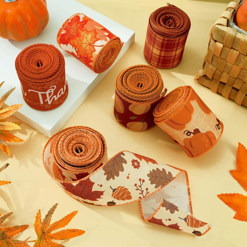 Fall Wired Edge Ribbons 36 Yards Pumpkin Maple Leaves Fabric Ribbon Orange Brown Autumn Leaves Plaids Craft Ribbon for Thanksgiving Farmhouse Bow ...