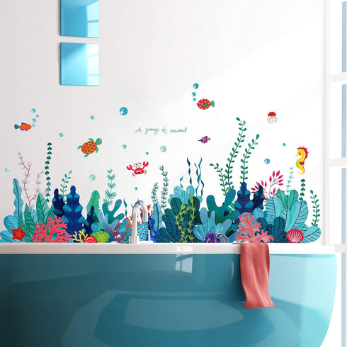 Removable 3D Under The Sea View Grass Wall Decal - DIY Ocean Coral Seaweed Stickers Murals - Peel and Stick Home Decor for Kids Bedroom, Bathroom,...