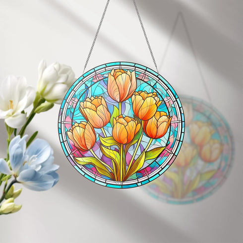Tulips Acrylic Window Hangings 11.8”Acrylic Wall Decor Flower Stained Window Panel Indoor Outdoor Home Garden Ornaments Housewarming Gift with Met...