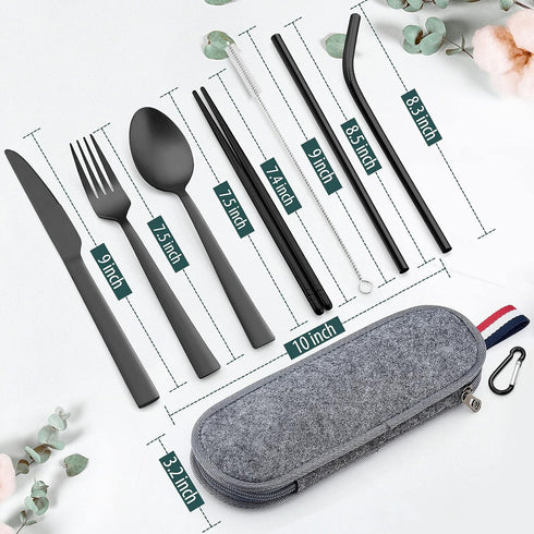 Matte Black Travel Utensils Set, E-far 8-Piece Metal Travel Silverware Portable Camping Reusable Cutlery Flatware Set Includes Knife, Fork, Spoon,...