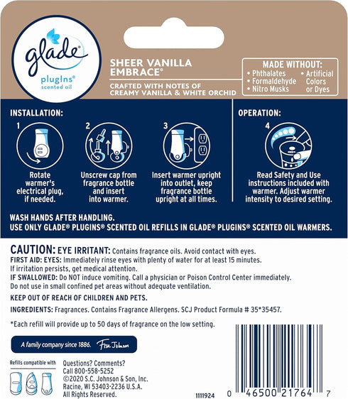 Glade PlugIns Refills Air Freshener, Scented and Essential Oils for Home and Bathroom, Sheer Vanilla Embrace, 1.34 Oz, 2 Count...