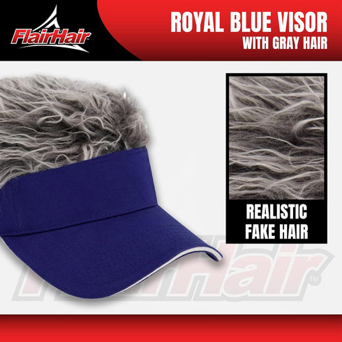 Flair Hair Sun Visor Cap with Fake Hair, Grey Hair with Royal Blue Adjustable Baseball Hat, Royal Blue...