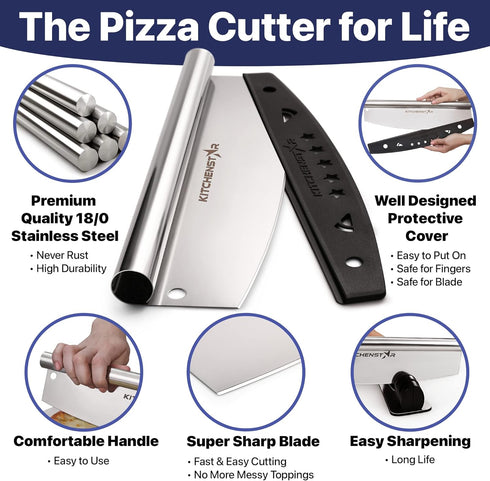 KitchenStar 12-Inch Pizza Cutter Rocker Blade - Sharp Stainless Steel Slicer Knife, Protective Cover, Dishwasher Safe, Small - Professional Pizza ...
