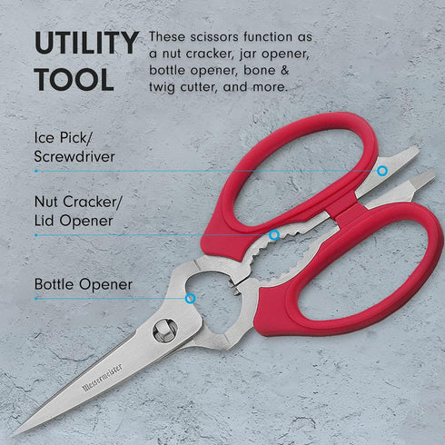 Messermeister 8-Inch Take-Apart Kitchen Scissors, Red - Includes Screwdriver, Nut Cracker, Jar Lid Opener/Gripper, Bottle Opener & Bone + Twig Cut...