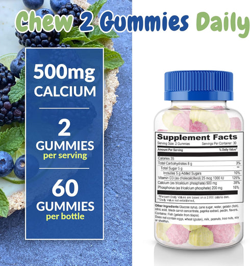 Calcium 500mg with Vitamin D3 1000 IU Gummies | Daily Dietary Supplement | Bone Strength, Growth, Teeth | for Adults, Teens, Kids | Great Tasting ...