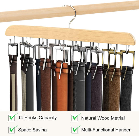 Belt Hanger for Closet, Sturdy Wood Belt Rack Closet Accessories with 14 Hooks Belt Organizer for Closet Organizers and Storage Max 42 Belts...