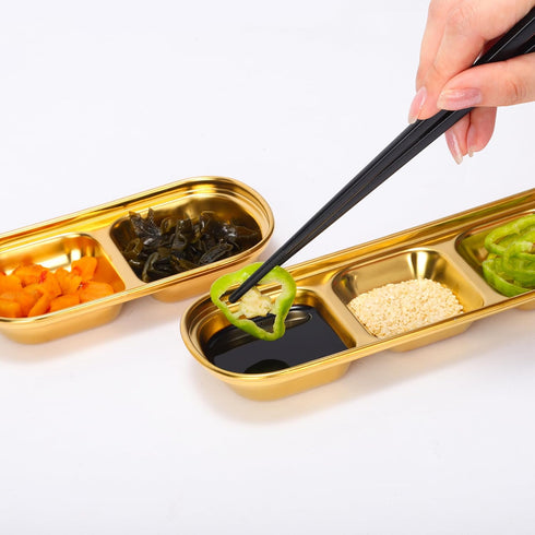 drizzle Sauce Dish Stainless Steel Gold Soy Tomato Sauce Salt Vinegar Sugar Spices Flavor Condiment Dip Bowls Korean BBQ Home Kitchen Plates...