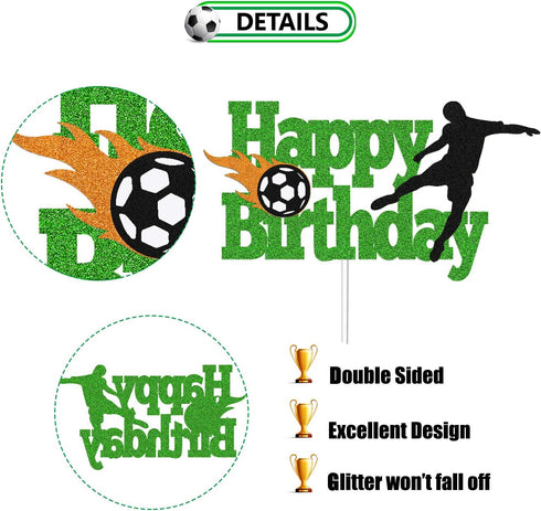 Soccer Cake Topper Happy Birthday Sign Football Player Cake Decorations for Sport Theme Man Boy Girl Birthday Party Supplies Double Sided Green Sp...