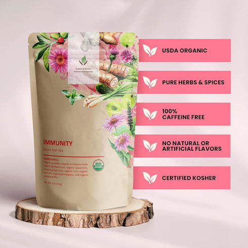 Gardenika Organic Immune Loose Leaf Tea, Herbal, Caffeine Free Leaves, Ayurvedic, KSA Kosher – 4 oz (1 Pack)...