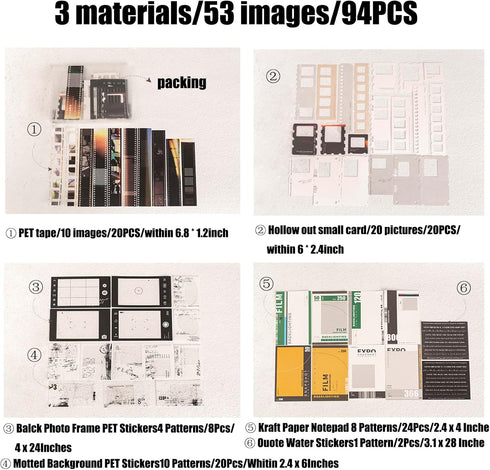 BLOSDREAM 94pcs Movie Film Stickers for Scrapbook Kit, Strip Photo Frame Scrapbooking Supplies, Quote Journaling Decorative Bullet Journal Planner...