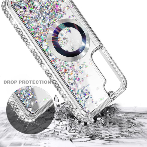 Designed for Samsung Galaxy S23 Magnetic Case for MagSafe with Tempered Glass Screen Protector, Camera Lens Protector/Wrist Strap Lanyard, Glitter...