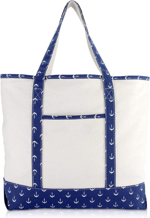 DALIX 22" Shopping Tote Bag Heavy Cotton Canvas (Zippered) Navy Blue Anchor...