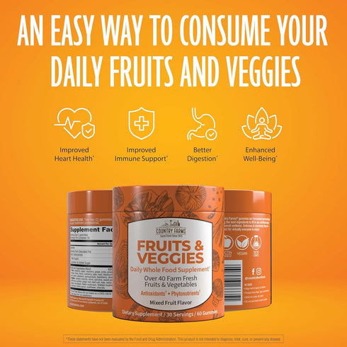 COUNTRY FARMS Fruits and Veggies Gummies, with Over 40 Farm Fresh Fruits & Vegetables, Packed with Powerful Antioxidants, (Spirulina, Blueberry, M...