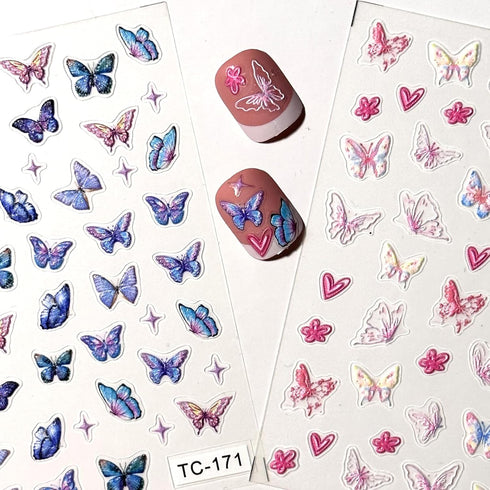Butterfly Nail Art Stickers 5D Self-Adhesive Spring Nail Stickers for Nail Art Blue Pink Butterfly Nail Deals 3D Embossed Nail Design Nail Art Sup...