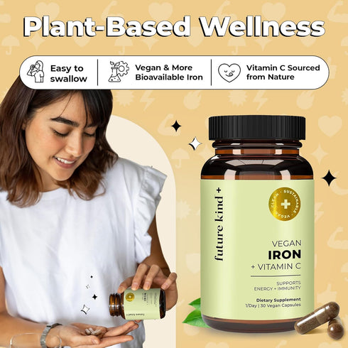 Future Kind Vegan Iron Supplement with Vitamin C (30 Iron Capsules) in Glass Bottle - Iron Supplements for Men and Women - Vegan Supplement Iron w...