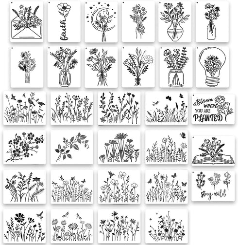 31PCS Flower Stencils for Painting Large Reusable Stencil Floral Bouquet Template Paint for Garden Outdoor Indoor Painting on Wood Wall Home Sign ...