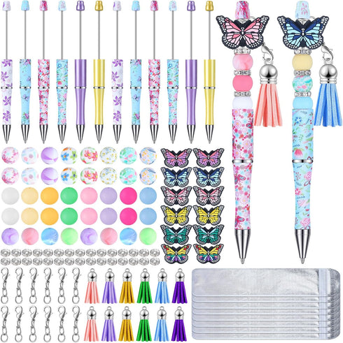 12 Pcs Plastic Beadable Pens Butterfly Themed Bead Ballpoint Pen with Assorted Spacer Beads Silicone Beads Tassels Lobster Clasps and Packaging Ba...