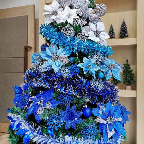 Winlyn 24 Set Christmas Silver Glitter Poinsettia Flower Picks Christmas Tree Ornaments for White Silver Christmas Tree Wreaths Garland Holiday Se...