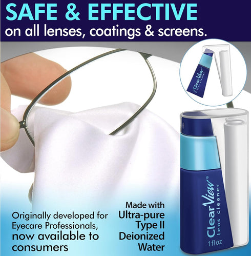 Clear View Lens Cleaner Kit - Travel Size, Integrated Cloth and Cleaner Combination Kit. Compact and Portable, Refillable, Safe for All Lenses, Le...