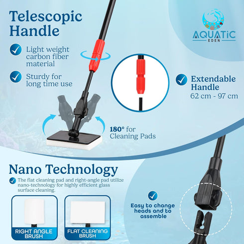 Aquarium Cleaning Tools 7 in 1 - Fish Tank Cleaning Kit with Algae Scraper, Scrubber Pad, Adjustable Telescopic Long Handle, Fish Net, Gravel Rake...