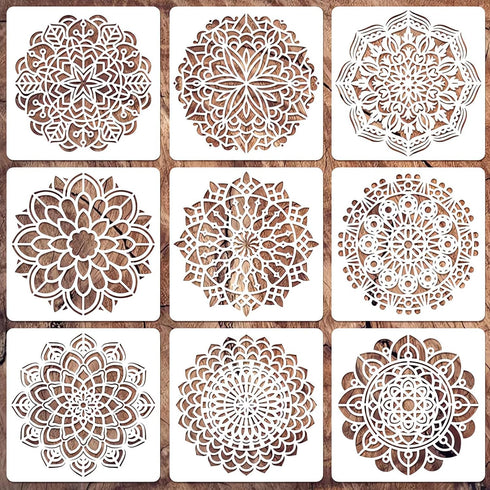 Mandala Stencils for Painting on Wood, 9Pcs 6 Inch Plastic Reusable Stencils for Crafts, Rangoli Stencils for DIY Projects, Painting & Home Decora...