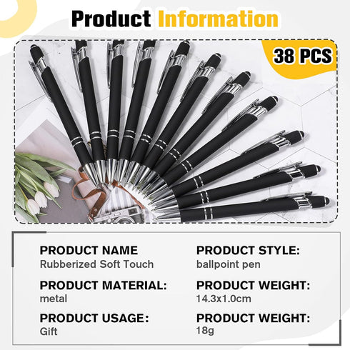 Zonon 38 Pieces Rubberized Ballpoint Pen with Stylus Tip Stylish Metal Pen Capactive Styli Pen with Soft Rubberized Grip, Black Ink Pen for Most D...