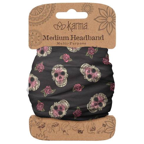 Karma Sugar Skull Headband for Women - Medium - Fabric Headband and Stretchy Hair Scarf - Black...