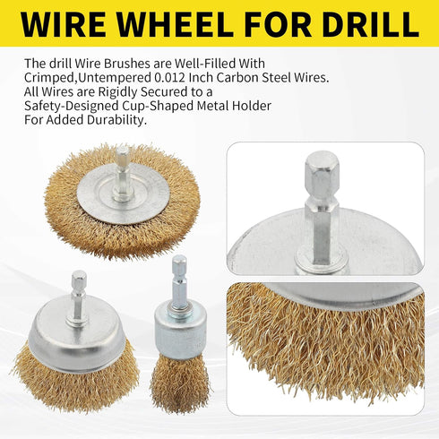 5 Pcs Wire Brush Wheel for Drill, Brass Wire Brush for Drill, 1/4 Inch Hex Shank, Wire Brush Drill Bit, Wire C up Brush for Rust Removal, Wire Bru...