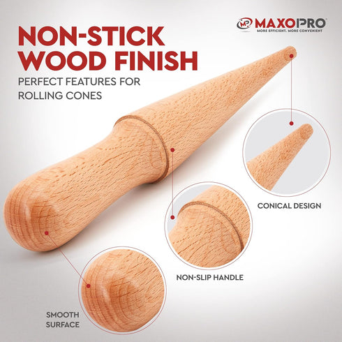 Ice Cream Waffle Cone Roller – 8.6 Inch Strong & Smooth krumkake cone roller - Wooden Pizzelle Cone Mold – Non-Slip Handle Waffle Cone Shaper Tool...