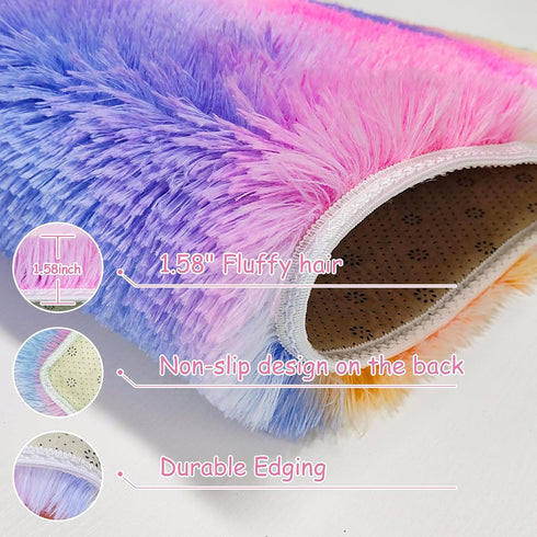 2x3 ft Small Throw Rugs Furry, Non Slip Mini Area Rug, Fluffy Tie-Dyed Rainbow Carpet,for Bedroom Door Entryway Indoor Inside Front Entrance Dog M...