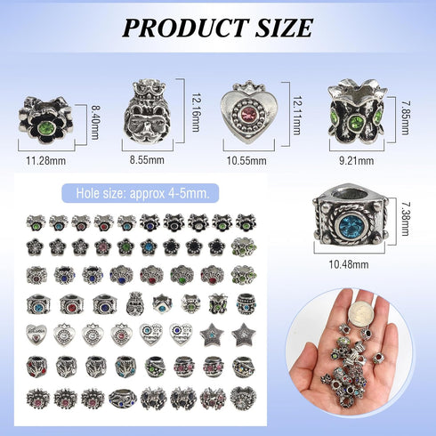 TOAOB 30pcs Assorted Antique Silver Rhinestone European Lampwork Charms Beads Large Hole Spacer Beads Charms Supplies for Bracelet Necklace Jewelr...