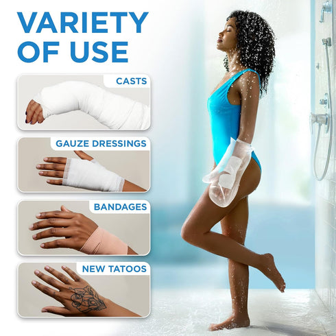 100% Waterproof Cast Covers for Shower Arm - Tight Seal - 3pk Adult Reusable Cast Protectors - Half Arm Bag Sleeves...