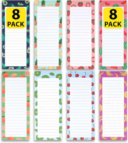 8 Magnetic Notepads – Notepads for Grocery List, Shopping List, To-Do List, Reminders -Strong Magnetic Back- Memo Notepad with Realistic Fruit Des...