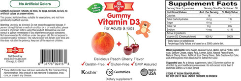 BioTree Labs Vitamin D Gummy Bears - Pack of 100, for Adults & Kids | Peach & Cherry Flavored Chewable Vitamin D3 | Great for Healthy Bones, Teeth...