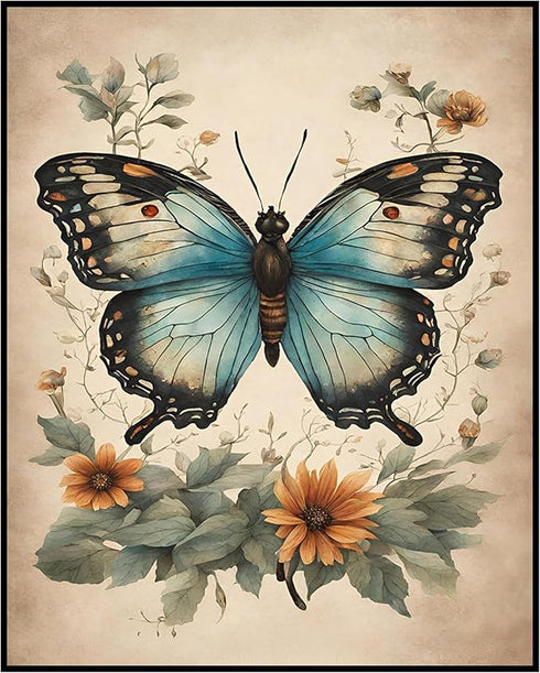 Posterizer 1 pcs- Blue butterfly with wild yellow flowers-Art for Animal Lovers-Floral Botanical Art- Gift for Men Women Entrepreneur Teens-Decor ...