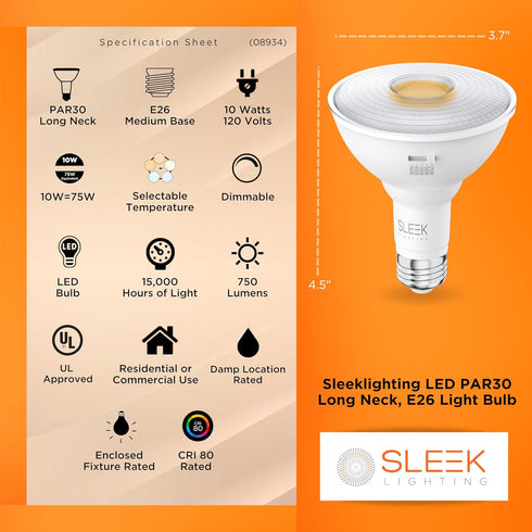 SLEEKLIGHTING LED Par 30 Long Neck,10 Watt (75 Watt Equivalent),750 Lumens, Dimmable, Indoor/Outdoor, Recessed Lighting, Spot Light, E26, ES&UL, 5...