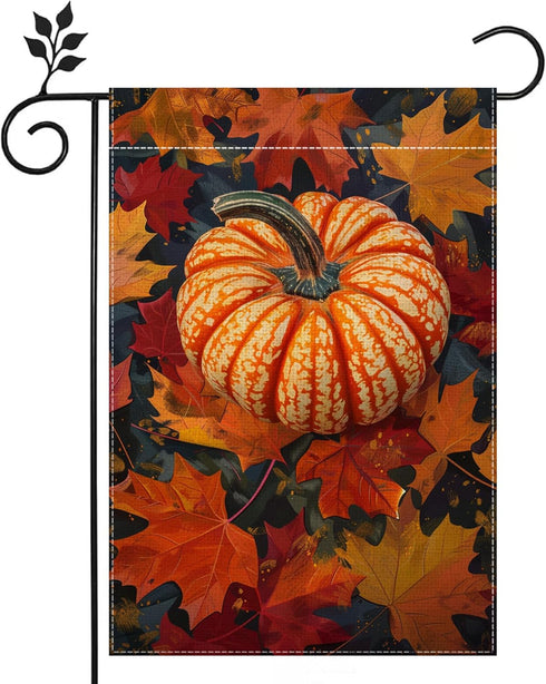 Fall Pumpkin Garden Flag, Autumn Thanksgiving Maple Leaf Garden Flag, Yard Home Decor Welcome Flag, 12x18 Inch Double Sided Burlap, Outdoor Lawn F...