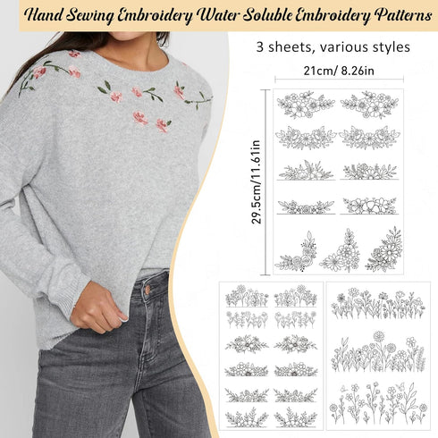 Water Soluble Embroidery Stabilizer - CRASHOT 3 Sheets 26 Pcs Stick and Stitch Embroider Paper Wash Away, Embroidery Patterns, Flower Floral leave...